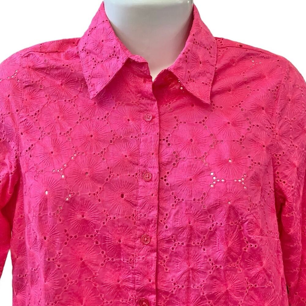 Coldwater Creek Women's Pink Floral Cotton Eyelet Pattern Button-Up Blouse SZ XS - Picture 6 of 9